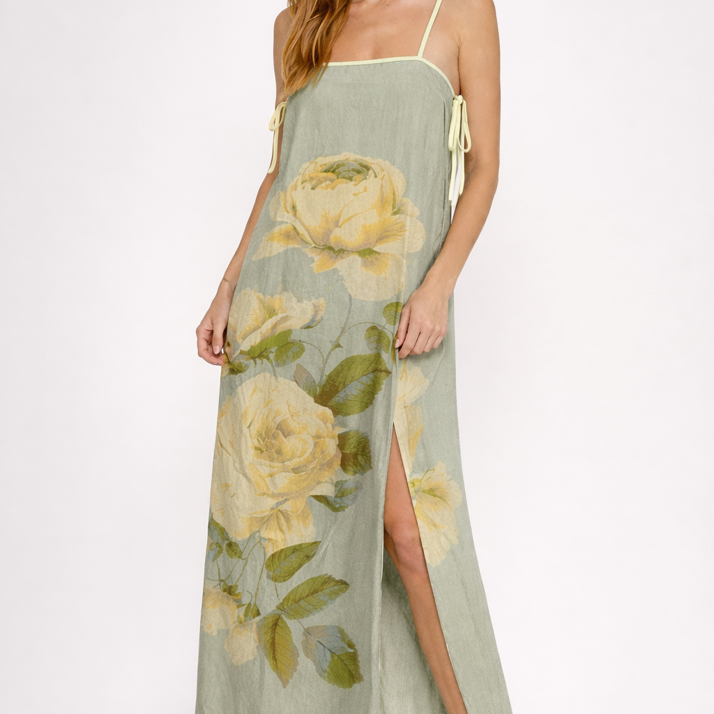 KLD Floral Print Side Slit Maxi Dress Yellow / M KLD Floral Print Side Slit Maxi Dress Yellow / M