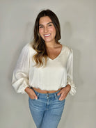 KLD L/S Washed Satin V-Neck Bubble Hem Blouse | Vagabond Apparel Boutique