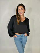 KLD L/S Washed Satin V-Neck Bubble Hem Blouse | Vagabond Apparel Boutique