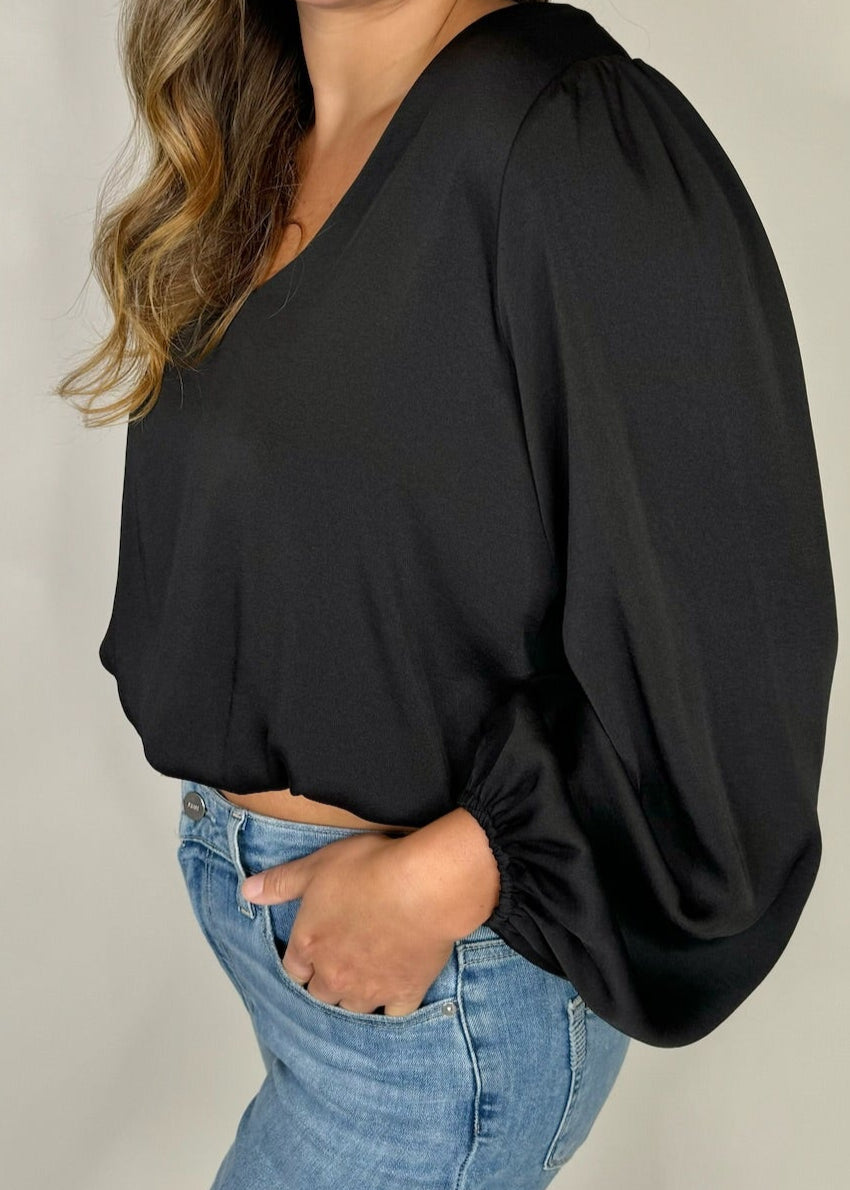 KLD L/S Washed Satin V-Neck Bubble Hem Blouse | Vagabond Apparel Boutique