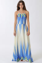 KLD Satin Border Print Halter Maxi Dress A/S / M KLD Satin Border Print Halter Maxi Dress A/S / M