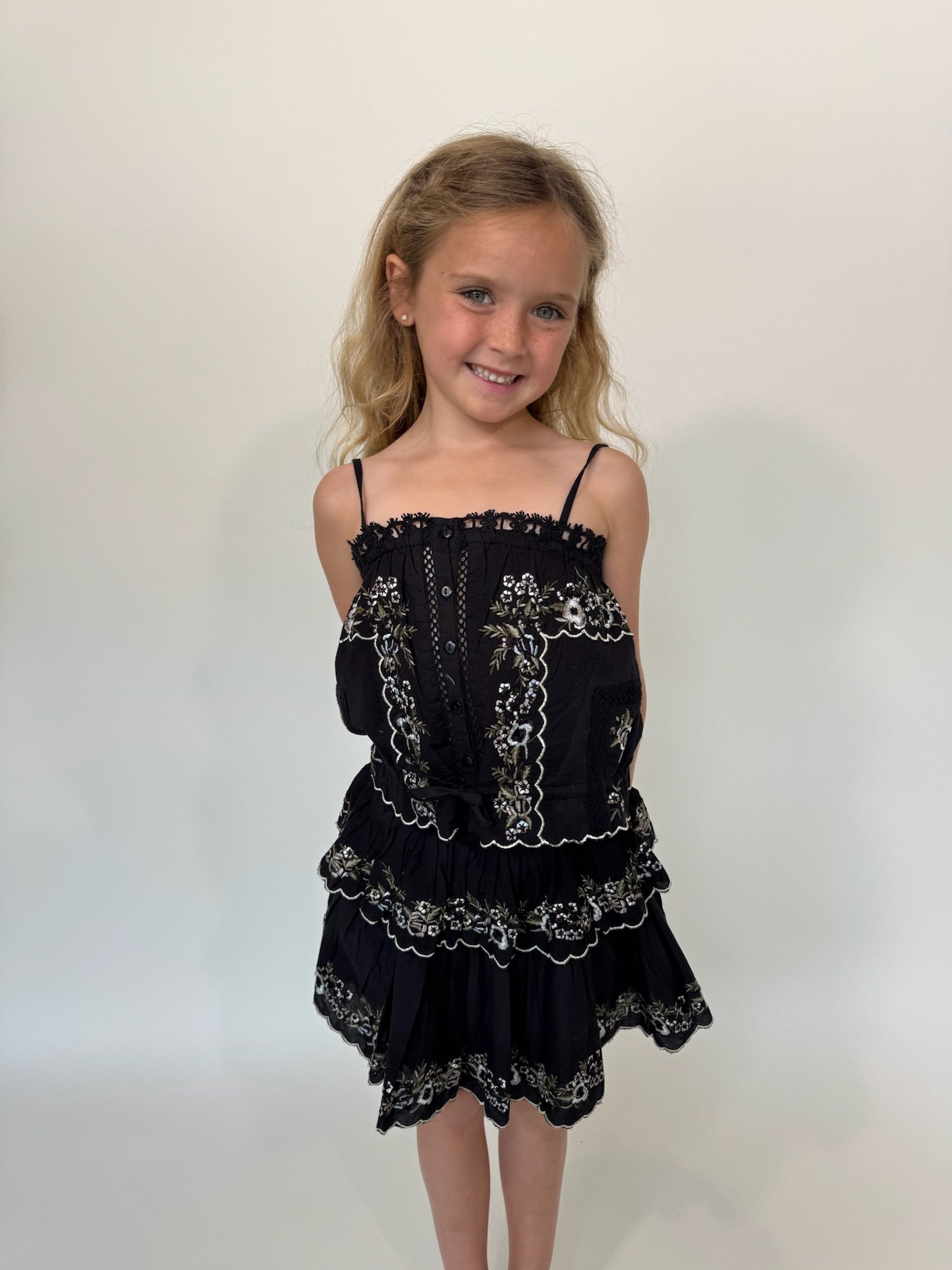 Katie J | Allegra Floral Embroidered Skirt | Black | Model | Vagabond | Apparel | Boutique