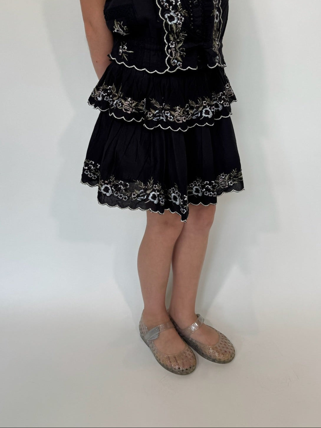 Katie J | Allegra Floral Embroidered Skirt | Black | Side | Vagabond | Apparel | Boutique