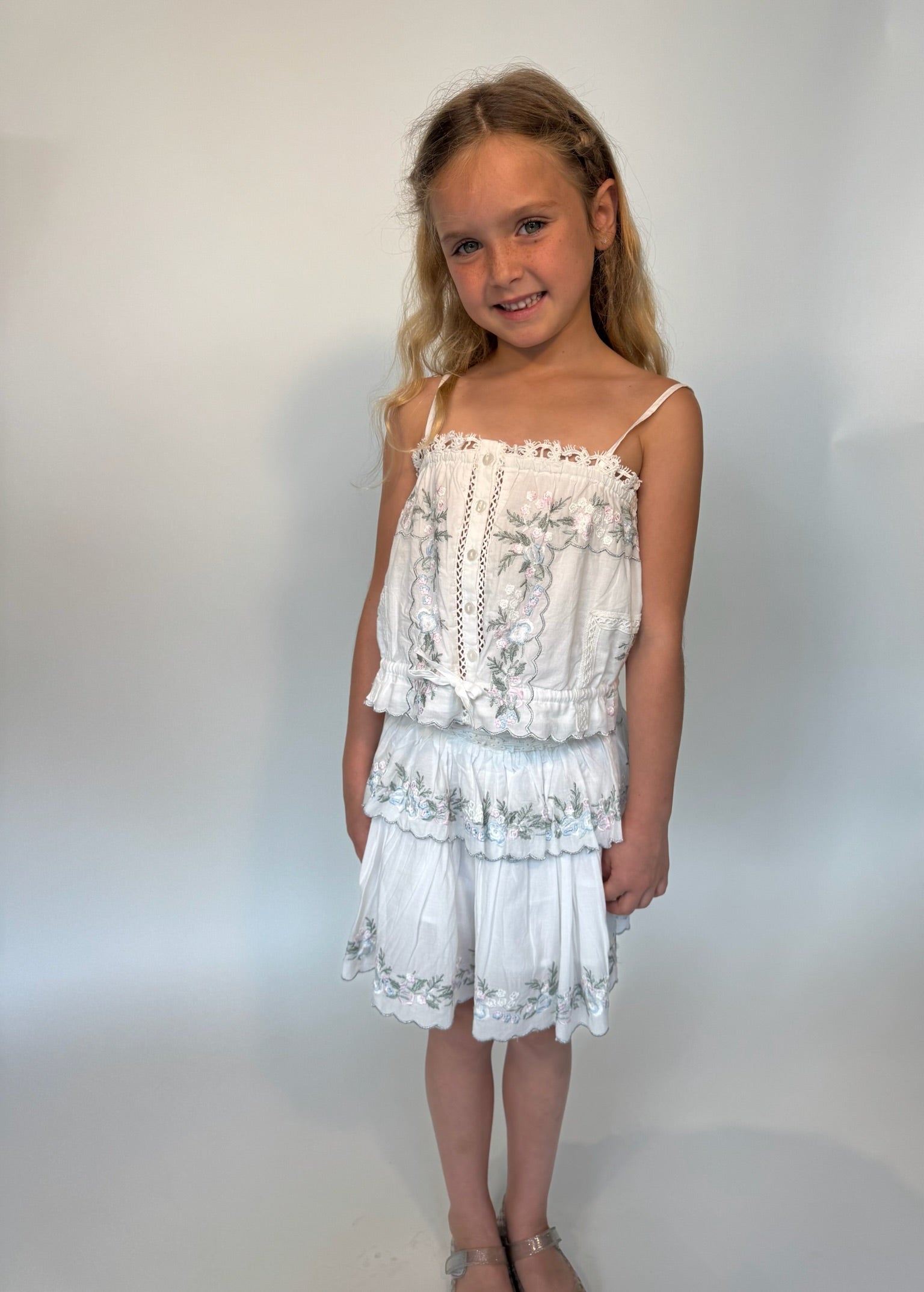 Katie J | Allegra Floral Embroidered Skirt | Cream | Model | Vagabond | Apparel | Boutique