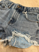 Katie J | Malibu Denim Shorts Printed Pocket | Pastel | Close | Vagabond | Apparel | Boutique