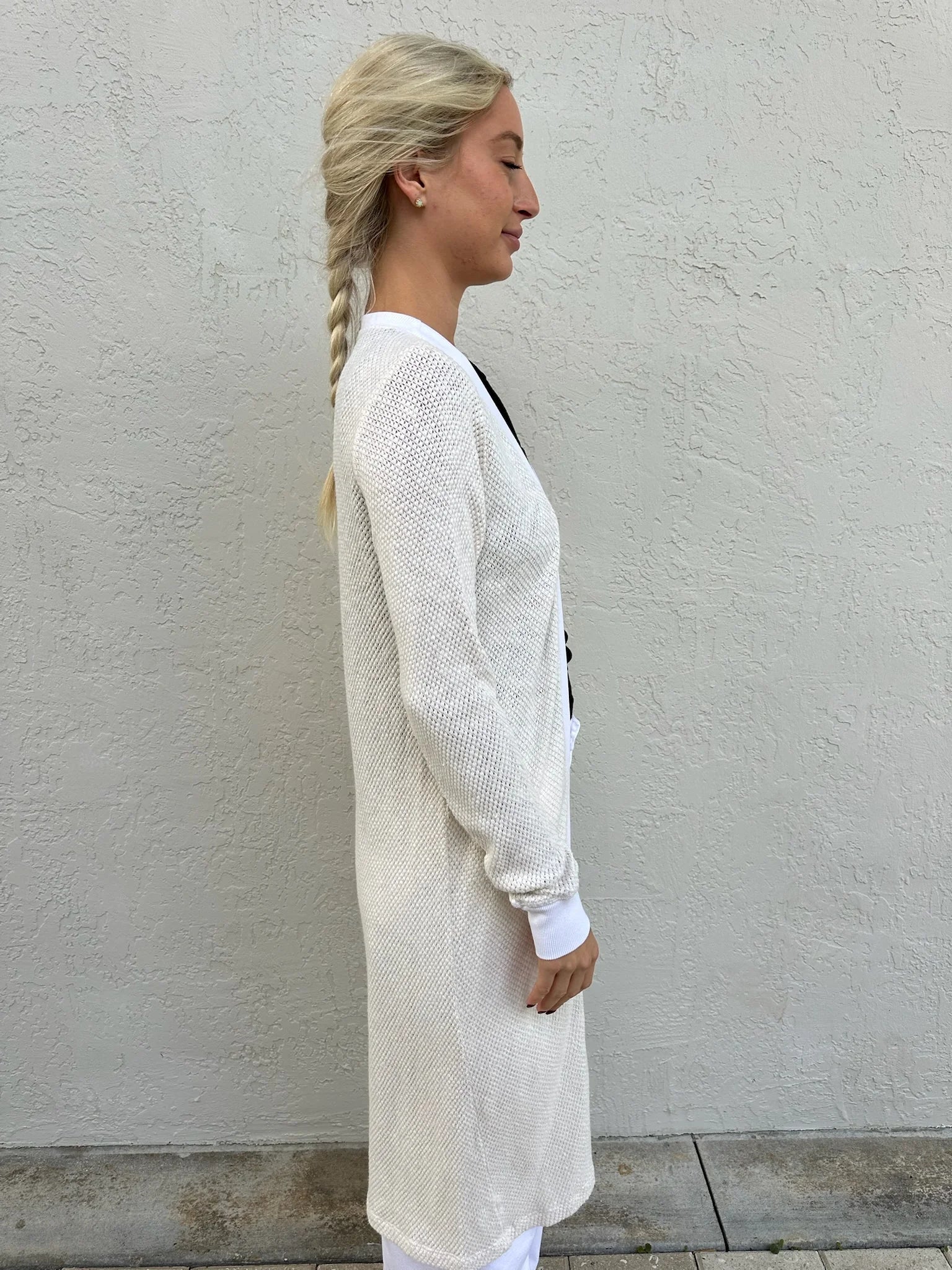 LA Made | Adeline Sweater | Midi Length Cardigan | Ecru | Side | Vagabond | Apparel | Boutique