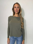 LA Made | Ashley Long Sleeve Tee | Olive | Front | Model | Vagabond | Apparel | Boutique