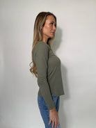 LA Made | Ashley Long Sleeve Tee | Olive | Side | Model | Vagabond | Apparel | Boutique