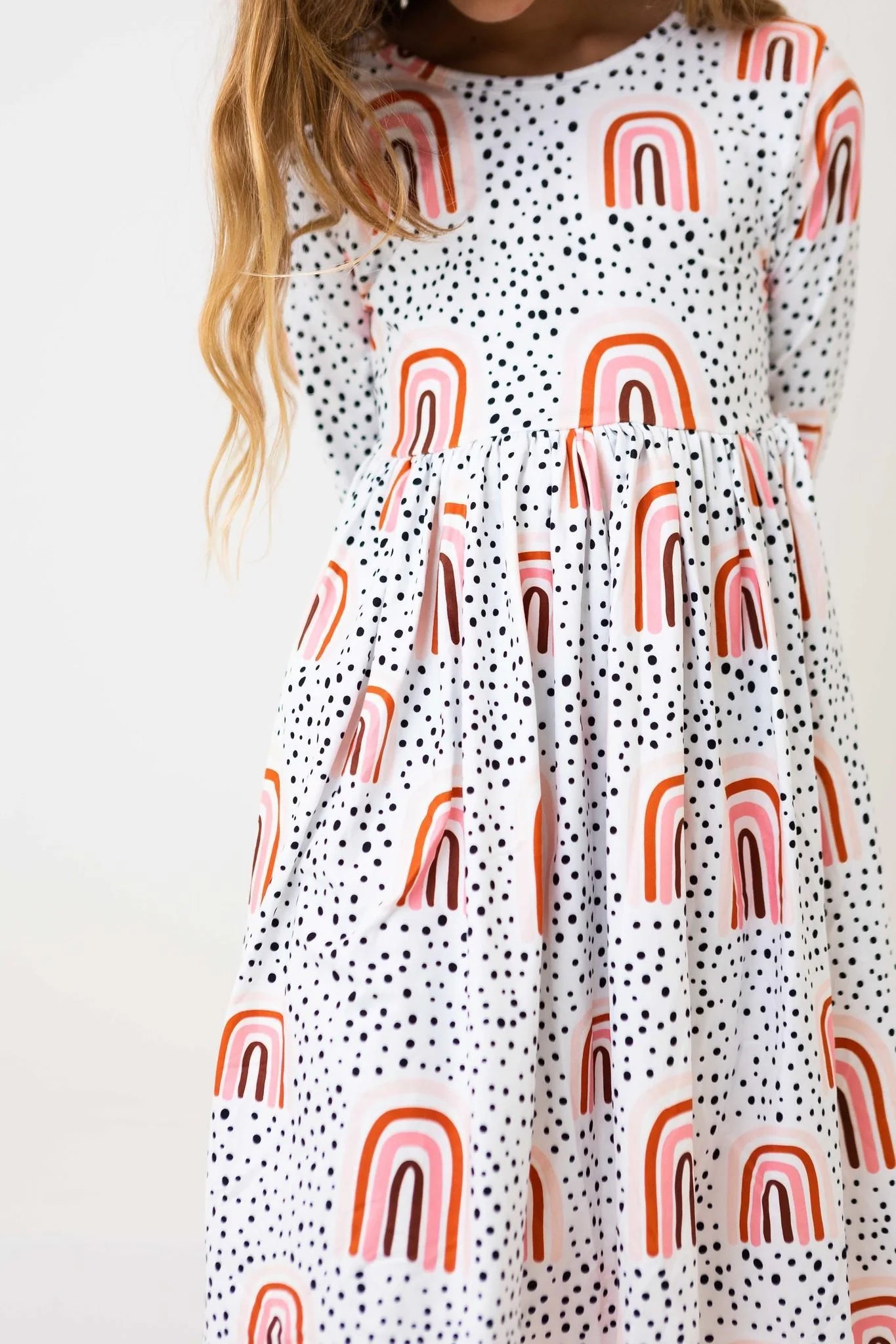 Mila & Rose | Peach Rainbow 3/4 Sleeve Pocket Twirl Dress | Front | Vagabond | Apparel | Boutique