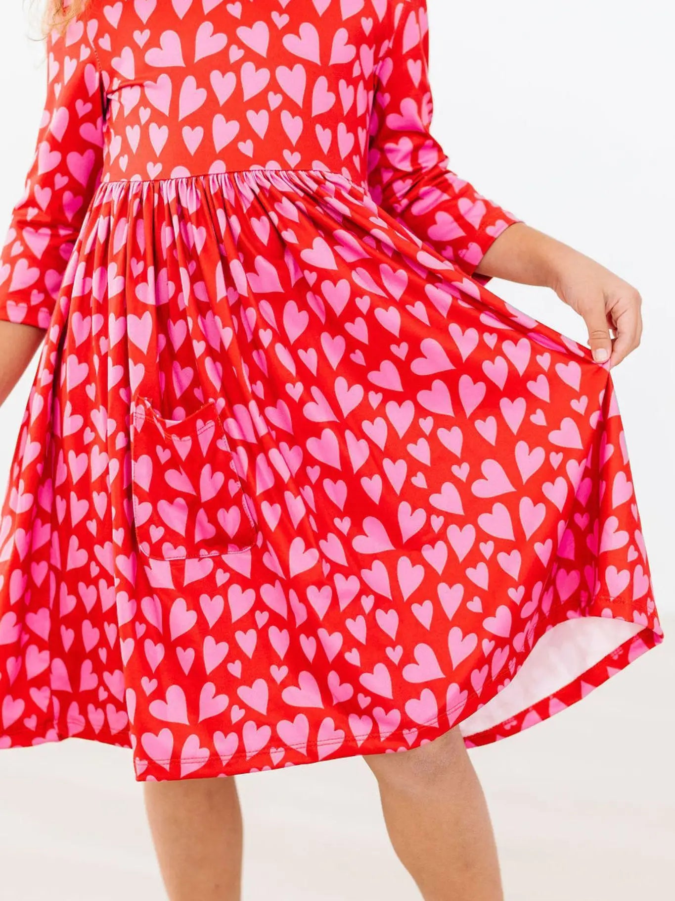 Mila & Rose | Hearts & Hugs 3/4 Sleeve Pocket Twirl Dress | Close | Vagabond | Apparel | Boutique