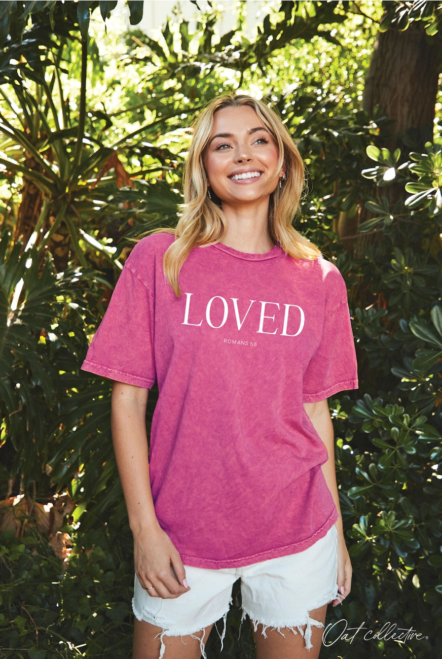 Oat Collective | Loved Romans 5:8 Graphic Top | Model | Vagabond | Apparel | Boutique