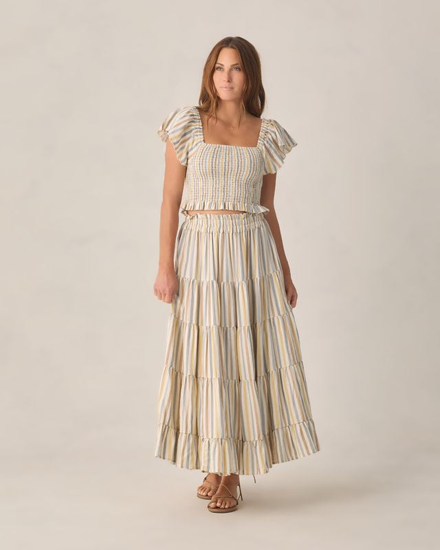 Rylee & Cru Women Ruffle Tiered Maxi Skirt Valencia Stripe