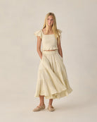Rylee & Cru | Ruffle Tiered Maxi Skirt Citron Stripe | Model | Vagabond | Apparel | Boutique