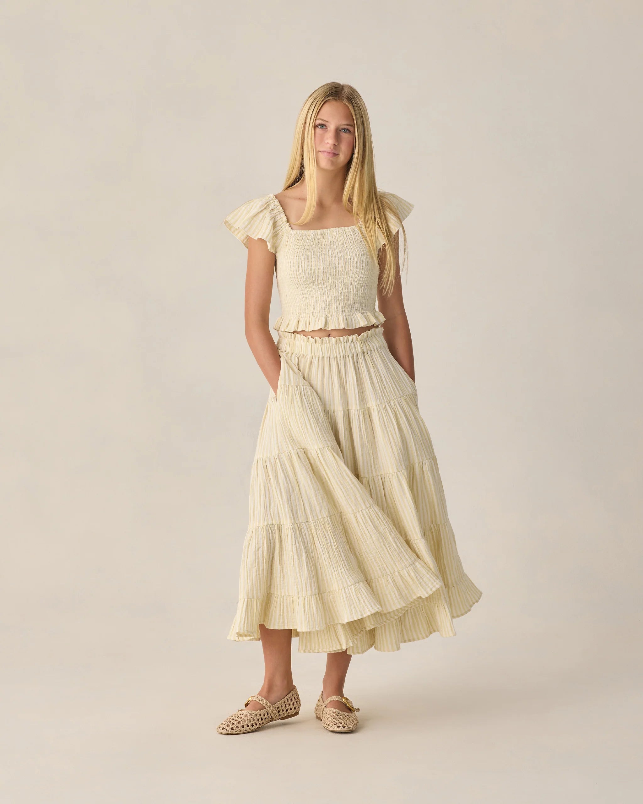 Rylee & Cru | Ruffle Tiered Maxi Skirt Citron Stripe | Model | Vagabond | Apparel | Boutique