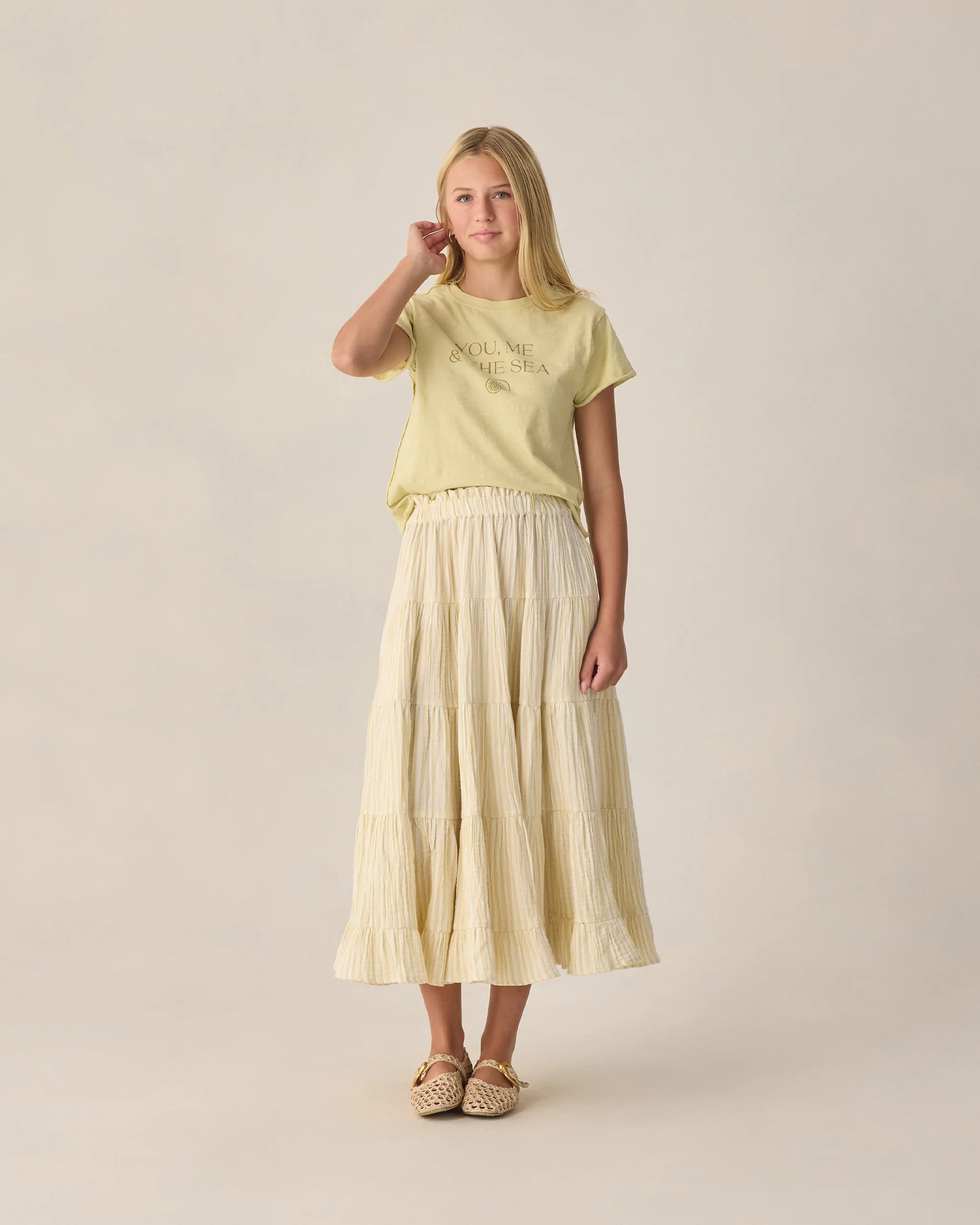 Rylee & Cru | Ruffle Tiered Maxi Skirt Citron Stripe | Vagabond | Apparel | Boutique