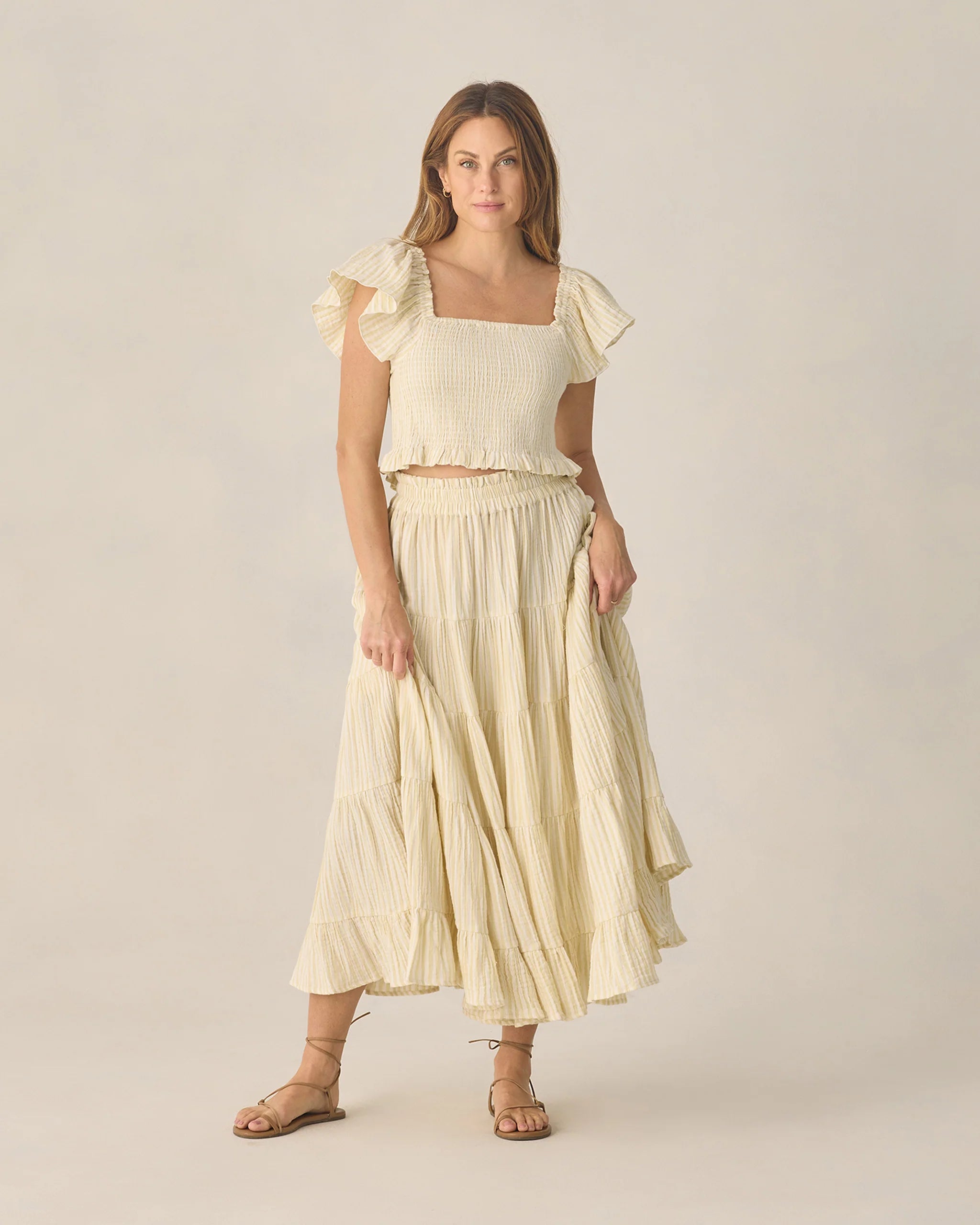 Rylee & Cru | Women Ruffle Tiered Maxi Skirt Citron Stripe | Vagabond | Apparel | Boutique