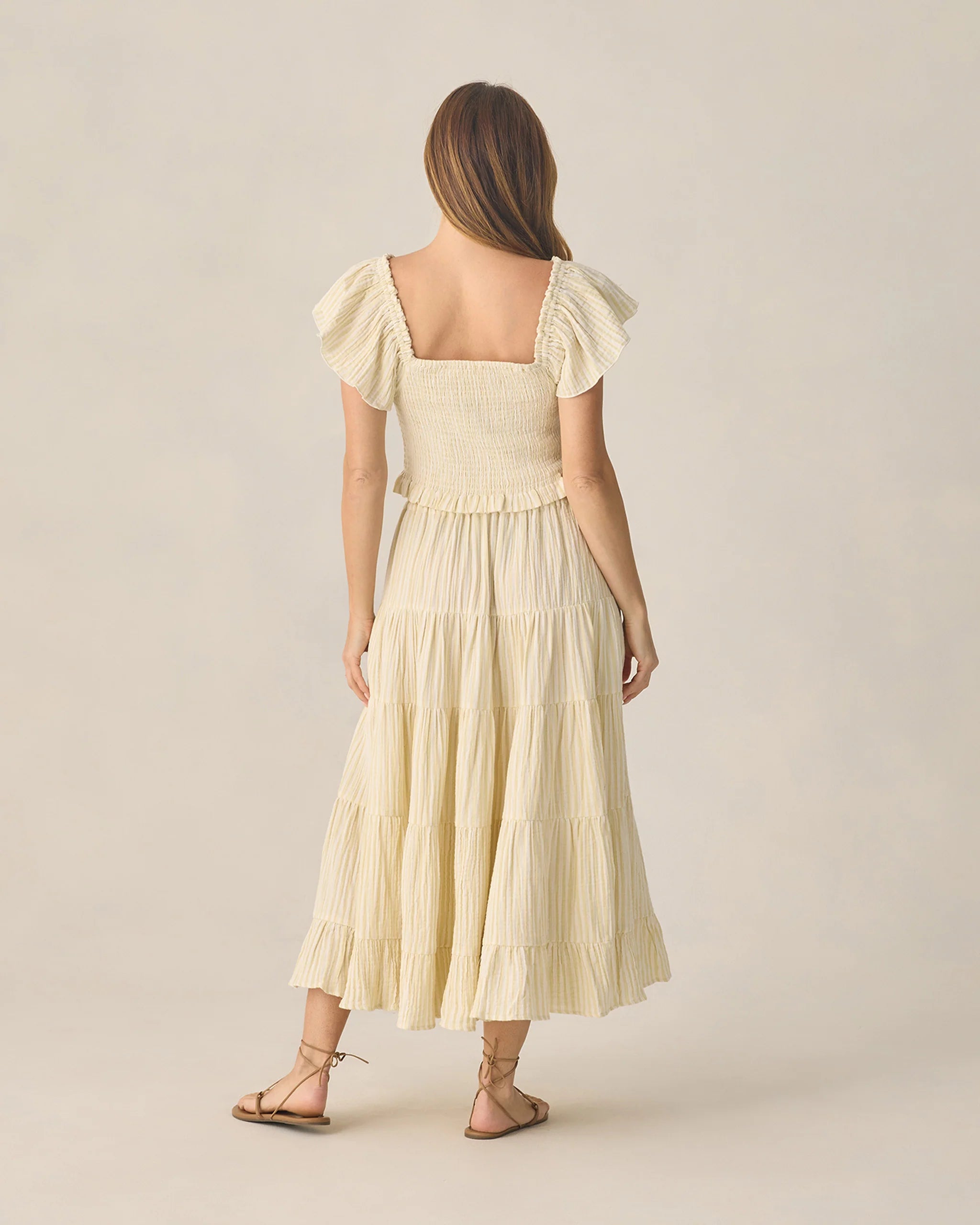 Rylee & Cru | Women Ruffle Tiered Maxi Skirt Citron Stripe | Back | Vagabond | Apparel | Boutique
