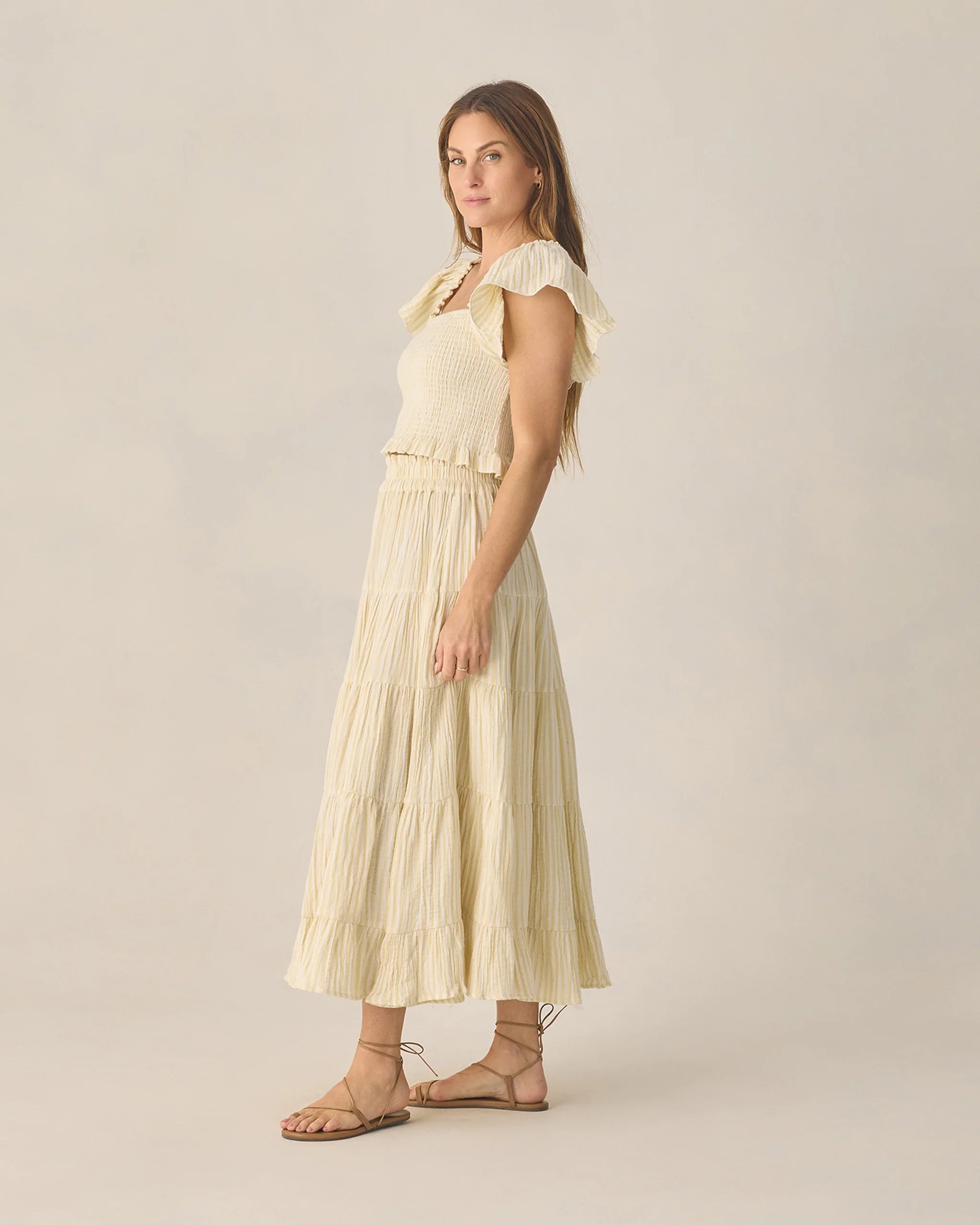 Rylee & Cru | Women Ruffle Tiered Maxi Skirt Citron Stripe | Side | Vagabond | Apparel | Boutique
