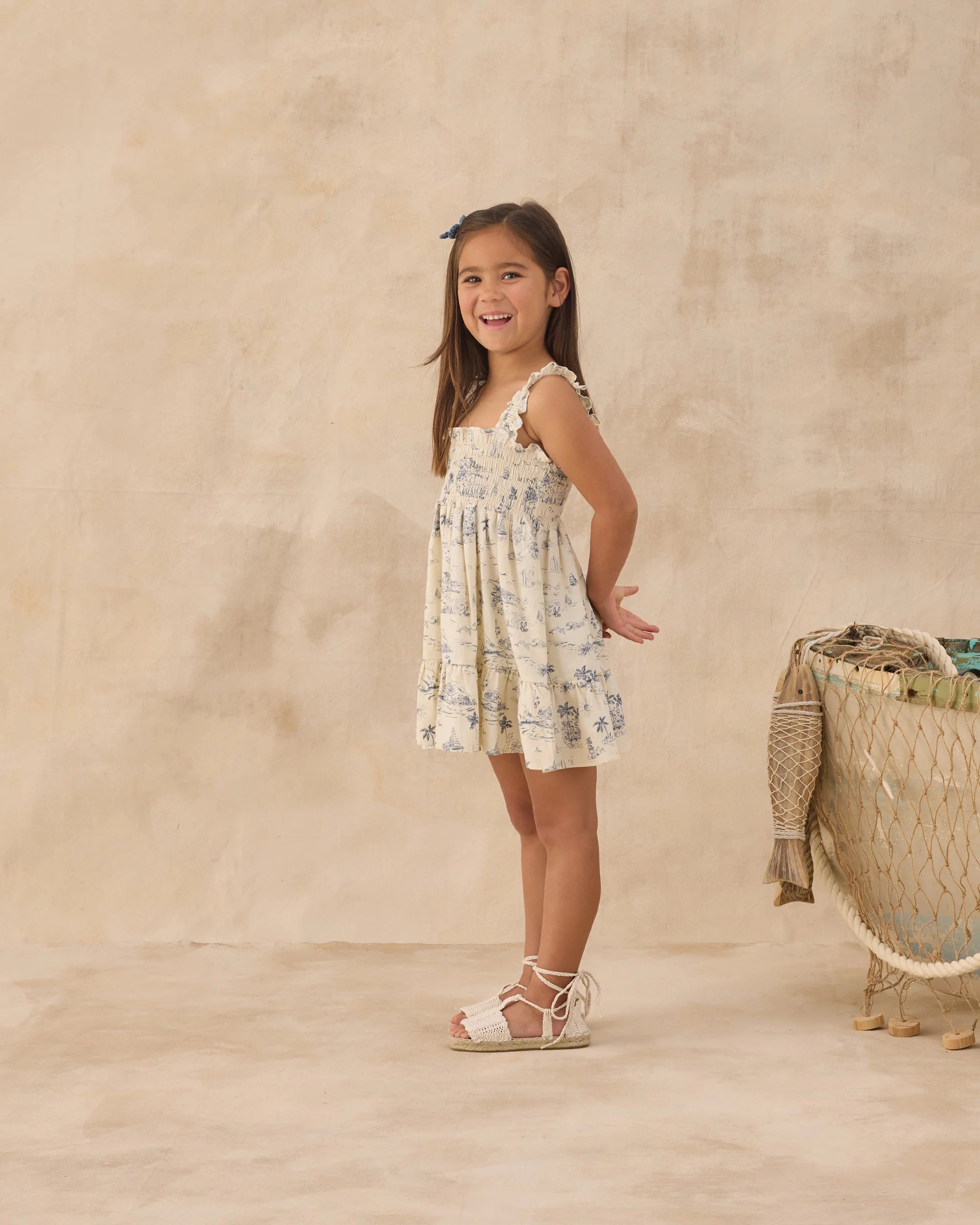 Rylee & Cru | Sutton Dress Ocean Toile | Side | Vagabond | Apparel | Boutique