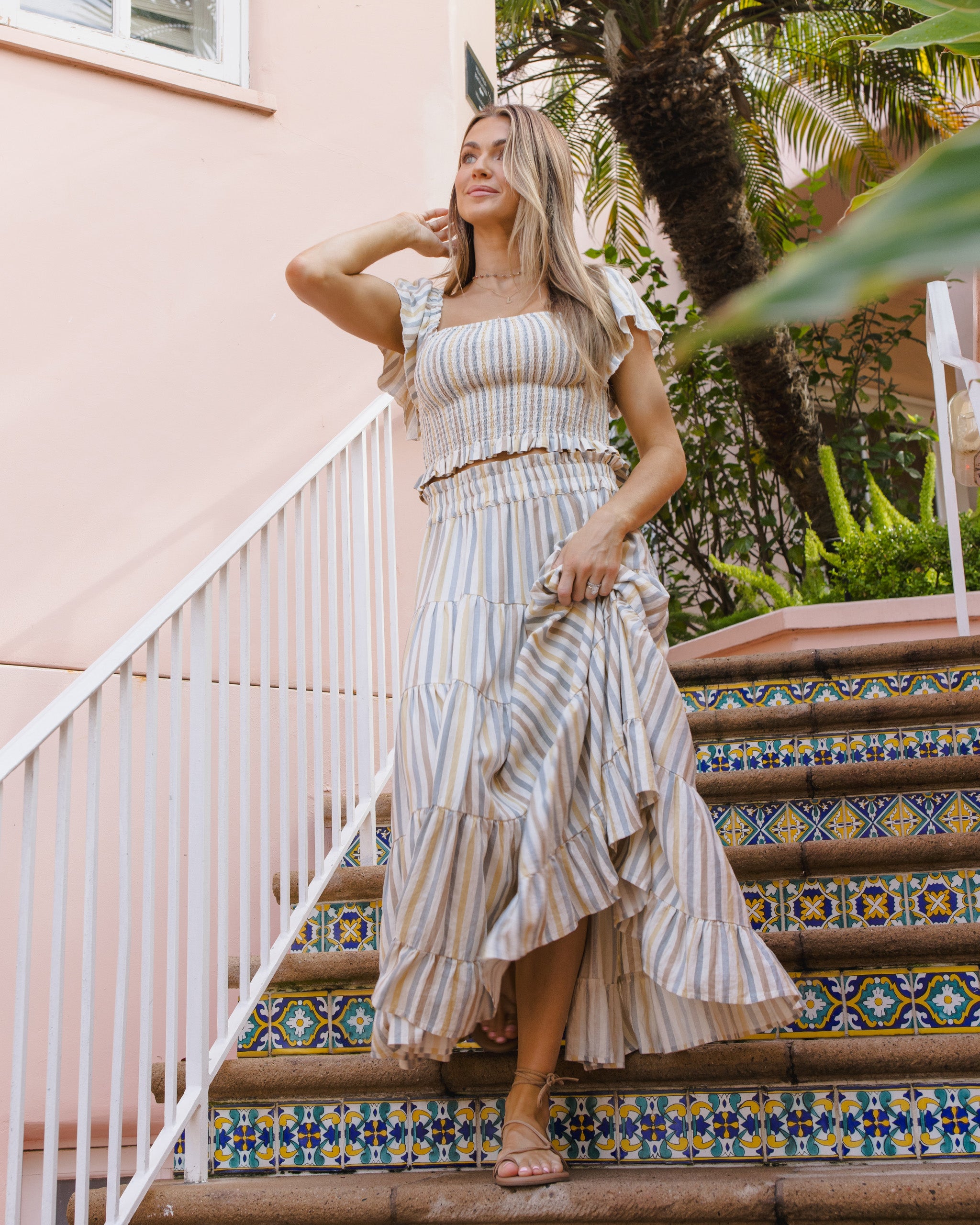 Rylee & Cru | Women Ruffle Tiered Maxi Skirt Valencia Stripe | Vagabond | Apparel | Boutique