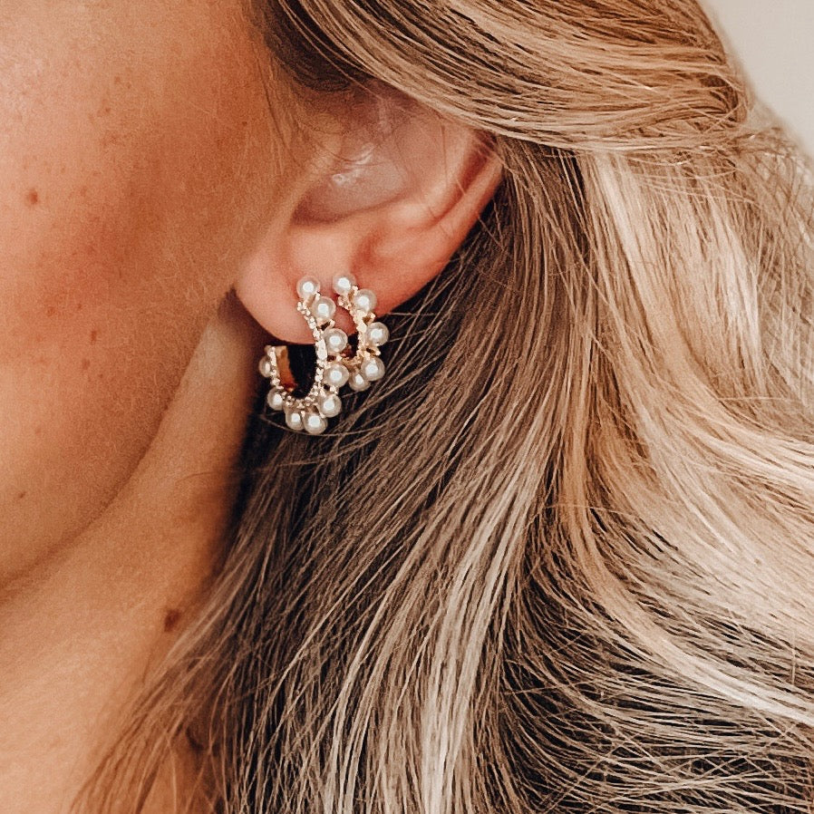 Silver Gir Medium Pave Pearl Post Hoop | Vagabond Apparel Boutique