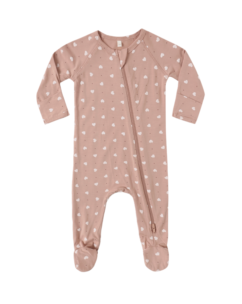 Rylee & Cru Bamboo Zip Footie Pink Hearts