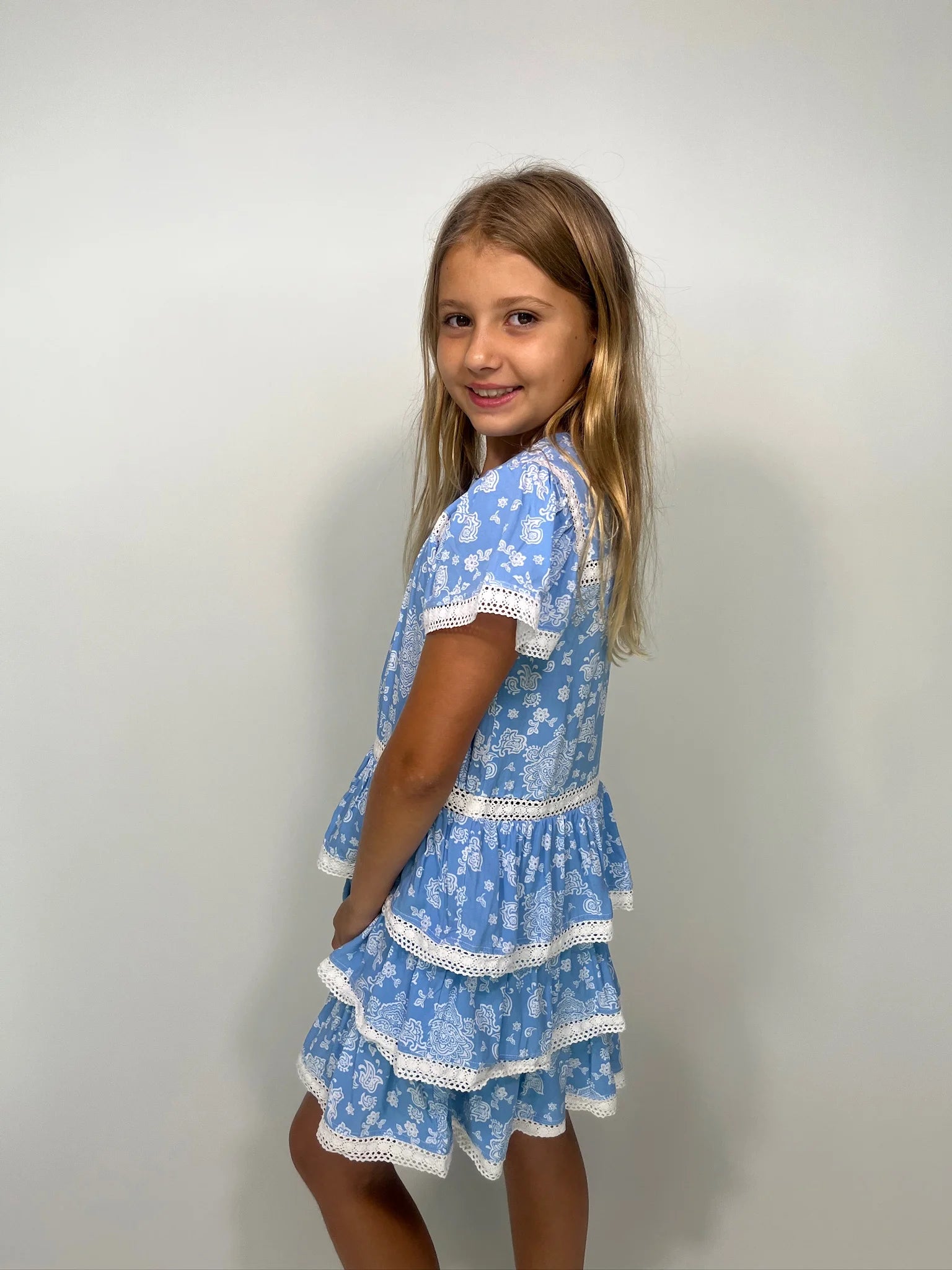 Walker Wade |  Girls Hannah Dress | Ice Blue Paisley | Side | Vagabond | Apparel | Boutique