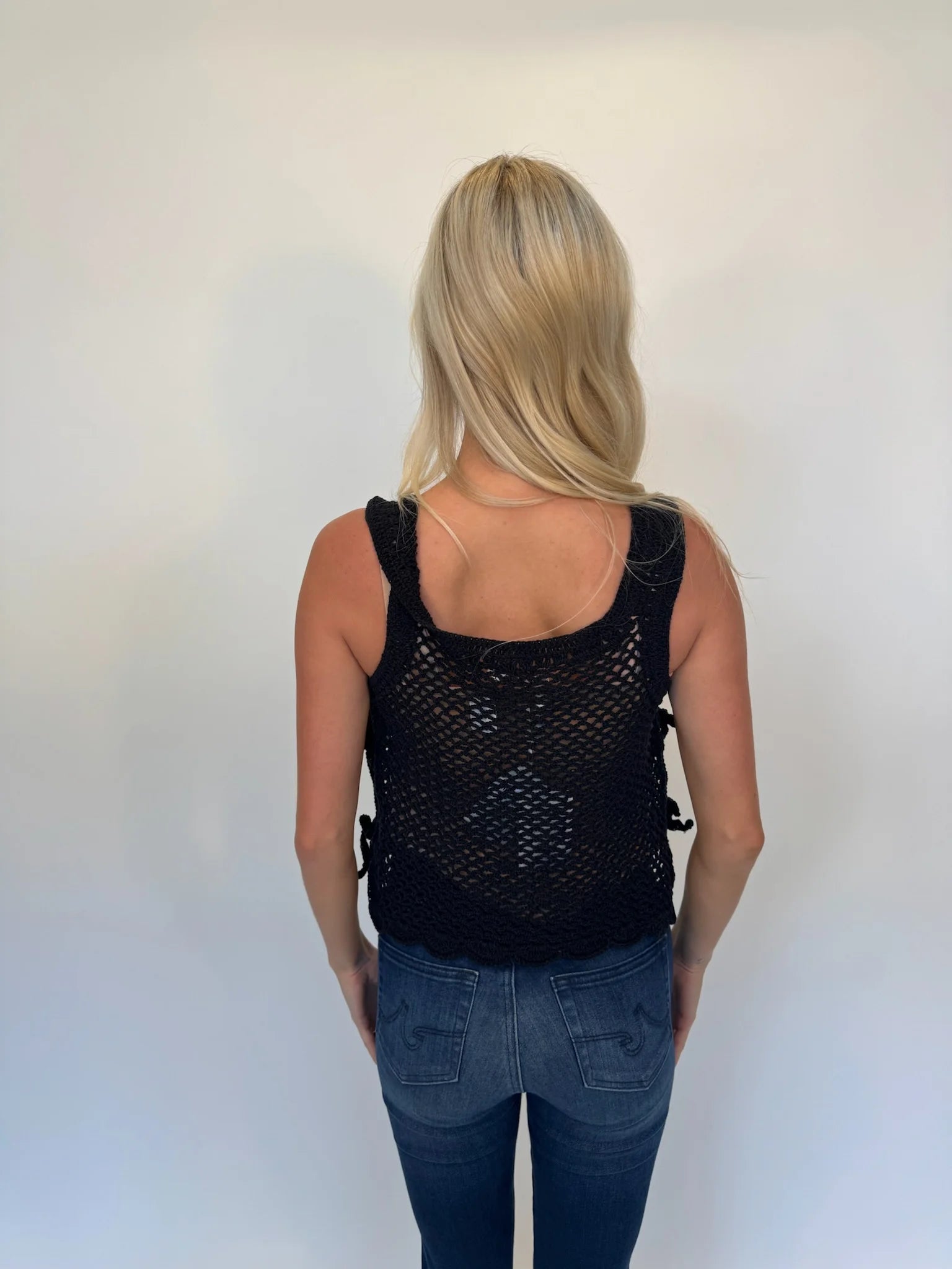 Skemo | Azure Crochet Tank Top W/Tie | Black| Back | Vagabond | Apparel | Boutique