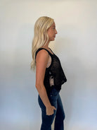 Skemo | Azure Crochet Tank Top W/Tie | Black| Side | Vagabond | Apparel | Boutique