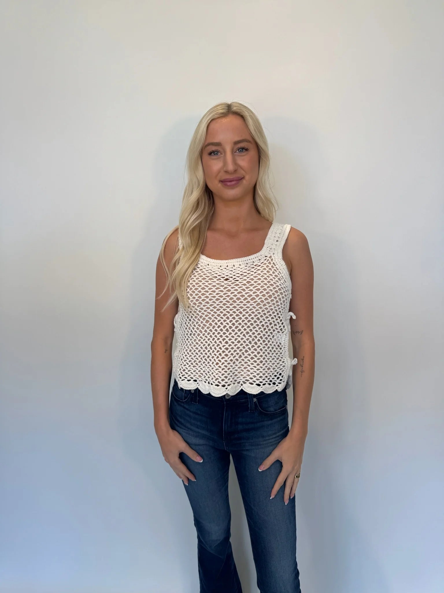 Skemo | Azure Crochet Tank Top W/Tie | White | Front | Vagabond | Apparel | Boutique