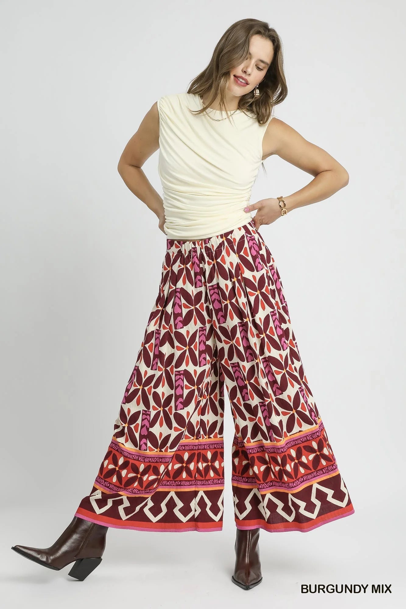 Umgee | Geo Print Pants |  Burgundy | Vagabond | Apparel | Boutique