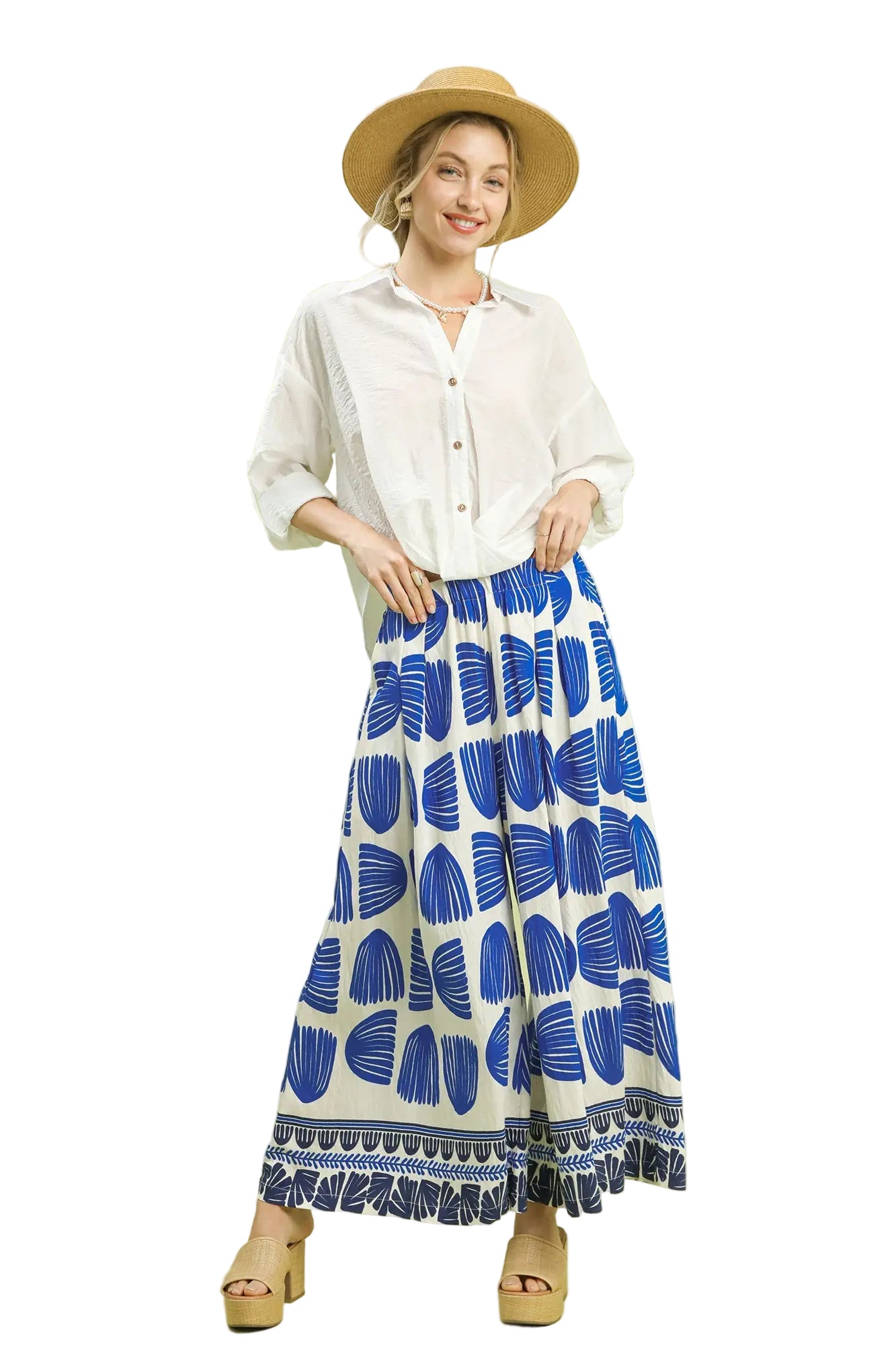 Umgee | Shell Block Print Wide Leg Pant | Cerulean | Full | Vagabond | Apparel | Boutique