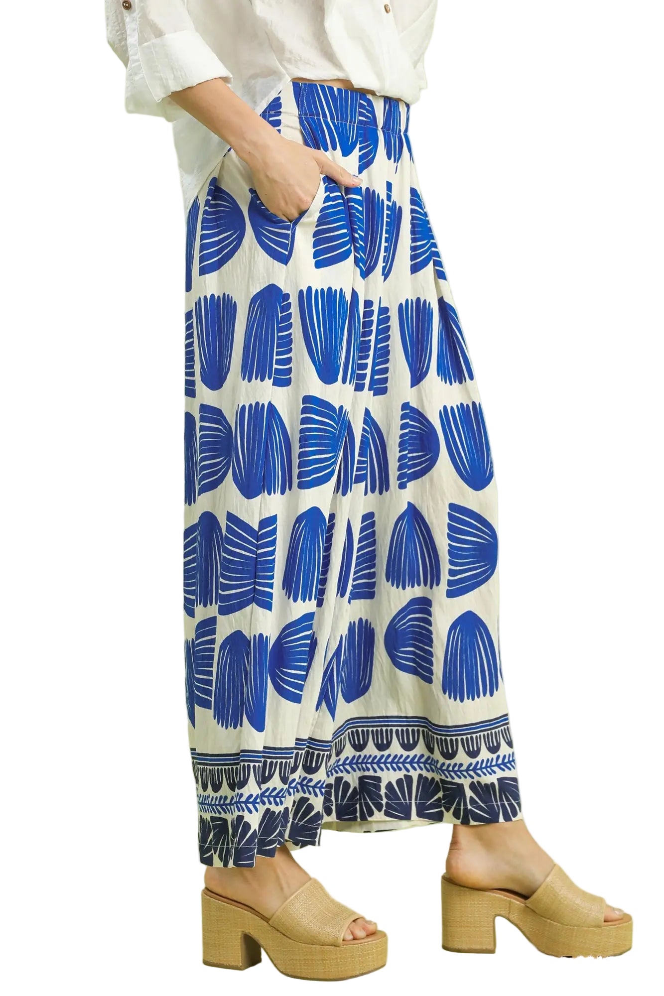 Umgee | Shell Block Print Wide Leg Pant | Cerulean | Side | Vagabond | Apparel | Boutique