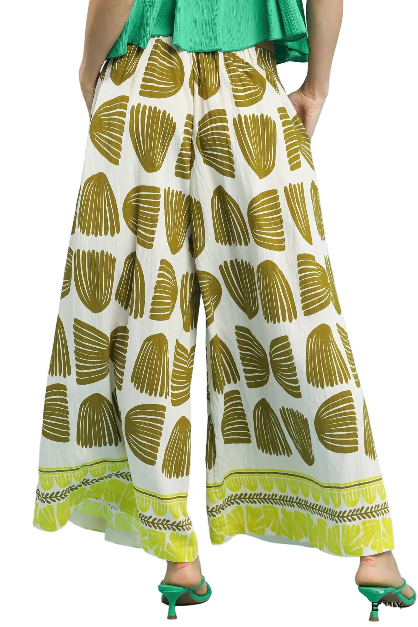 Umgee | Shell Block Print Wide Leg Pant | Olive | Back | Vagabond | Apparel | Boutique