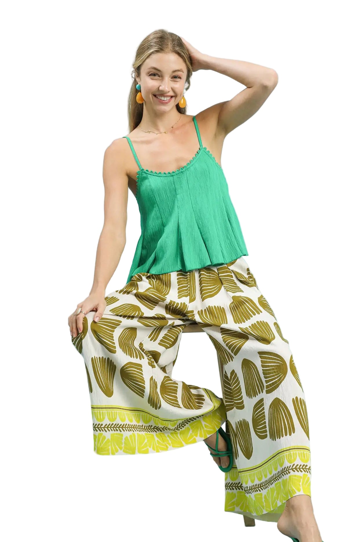 Umgee | Shell Block Print Wide Leg Pant | Olive | Model | Vagabond | Apparel | Boutique