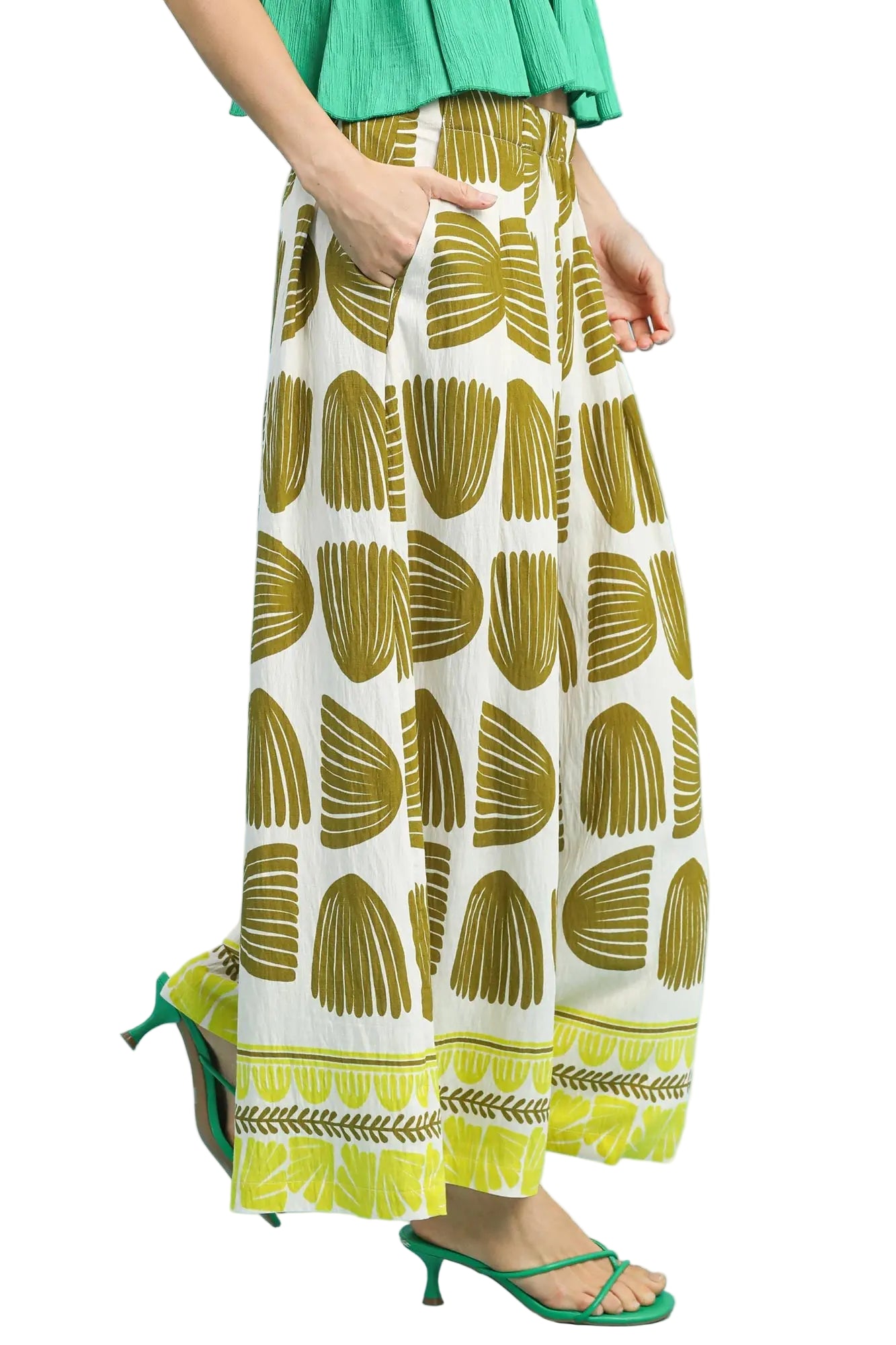 Umgee | Shell Block Print Wide Leg Pant | Olive | Side  | Vagabond | Apparel | Boutique