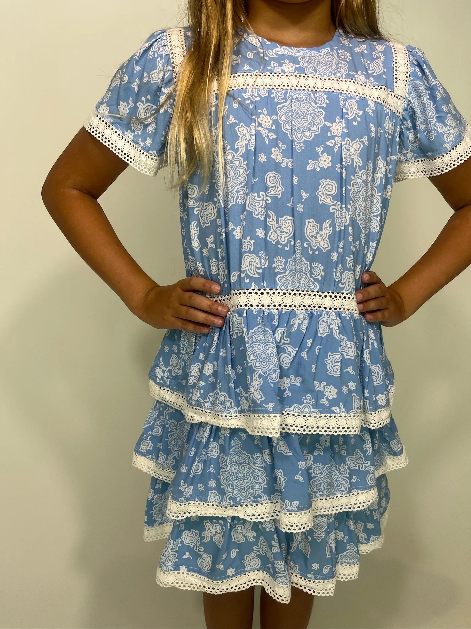 Walker Wade |  Girls Hannah Dress | Ice Blue Paisley | Close | Vagabond | Apparel | Boutique