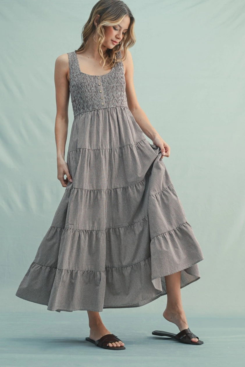 Wishlist | Plaid Tiered Midi Dress | Front | Vagabond | Apparel | Boutique