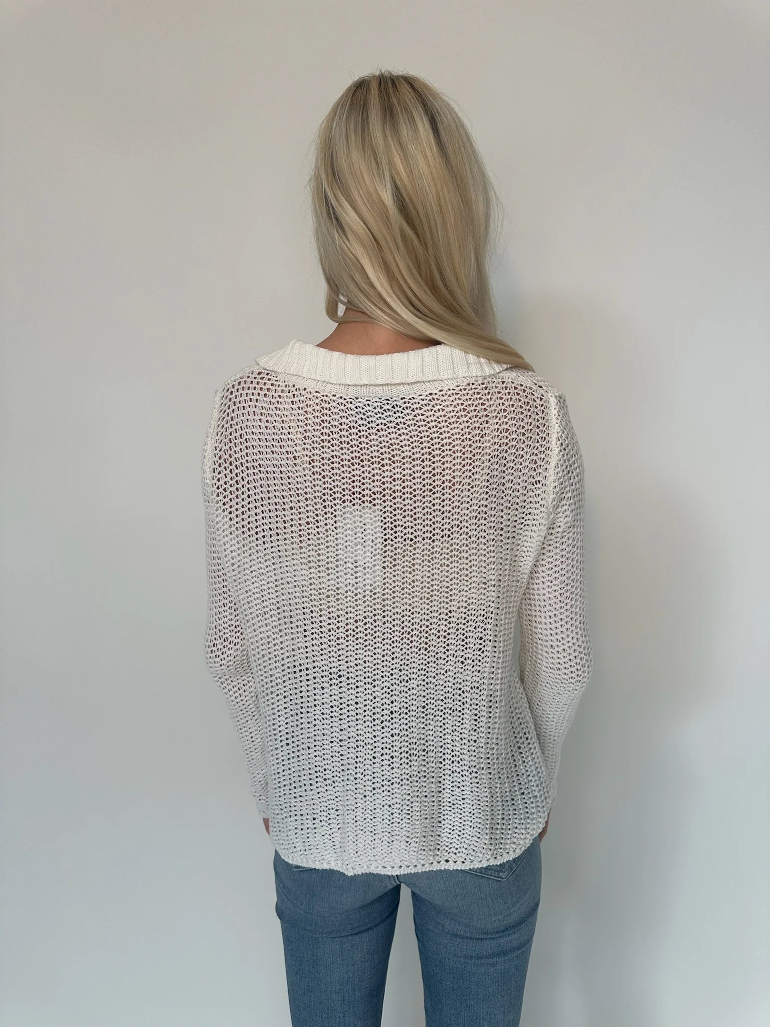 Wooden Ships | Open Knit Zip L/S Top | Model | Back | Vagabond | Apparel | Boutique