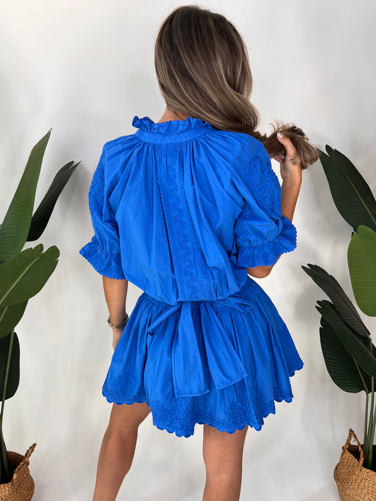 Juliet Dunn Neon Poplin Blouson Dress Royal Blue